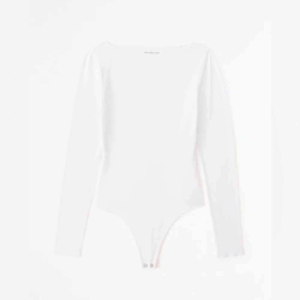 NWOT Abercrombie Long-Sleeve Cotton-Modal Slash Bodysuit in White XL - Picture 2 of 3